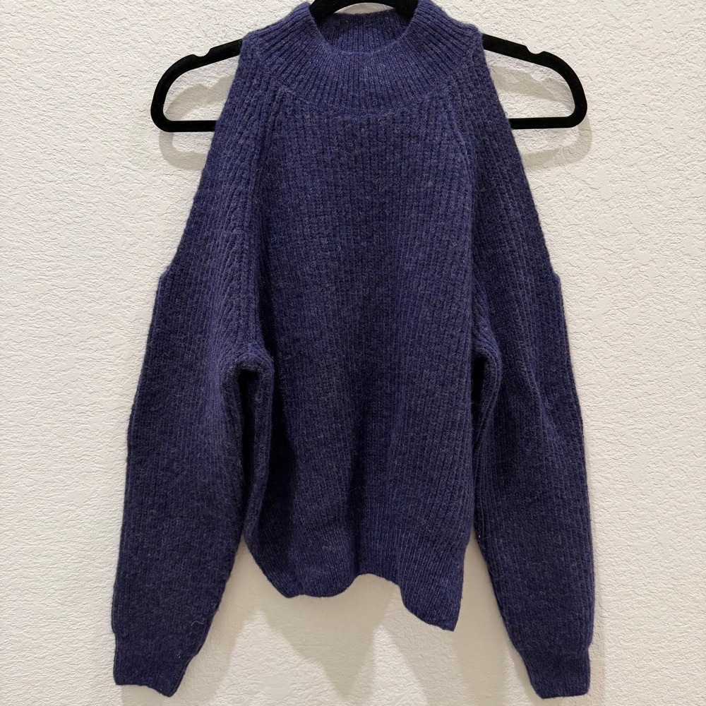 ASTR The Label Cold Shoulder Mock Neck Ribbed Knit Sweater Dark Purple Blue M